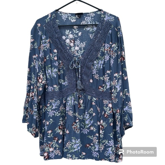 Torrid Blue and Pink Bell Sleeve Blouse with Tie Front - Picture 10 of 10